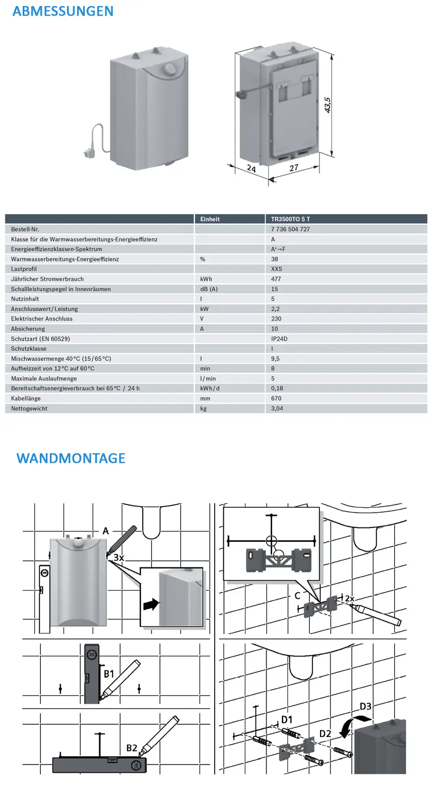 Kompakter, wandmontierbarer Warmwasserspeicher von Bosch mit technischer Übersicht, Installationshinweisen und Maßzeichnungen. Gerät zur Warmwasserbereitung mit tropfstopp.
